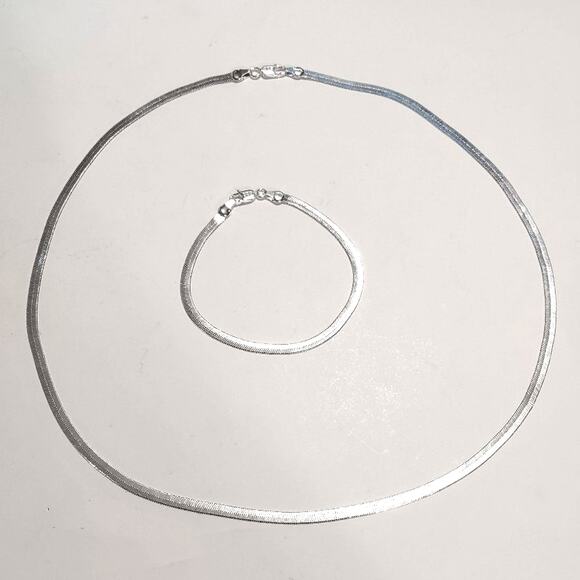 925 Sterling Silver Herringbone Necklace Bracelet Set Bundle Birthday Gift NEW! - Picture 3 of 4
